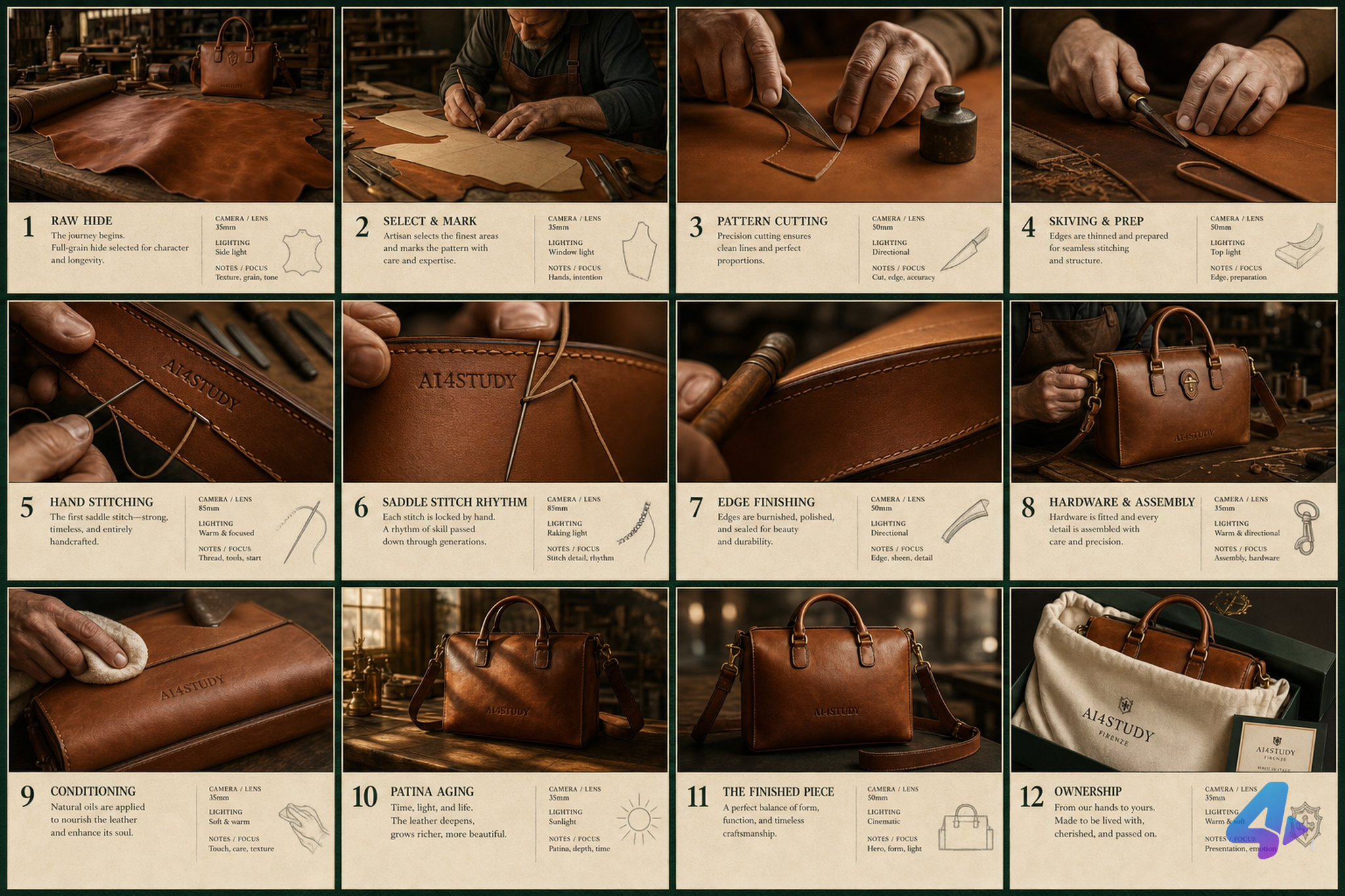 Create a high-end 4:3 luxury leather goods pitch deck storyboard in a 3x4 grid (12 frames), editorial presentation, insp